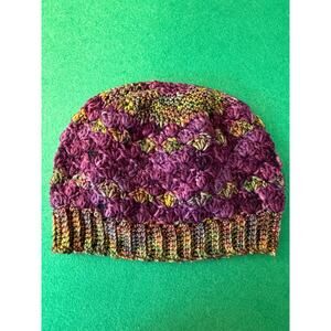 Hand crocheted purple green gold brown beanie hat